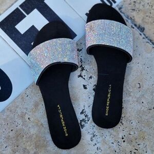 Women's Rhinestone Flats Sandals Black Color